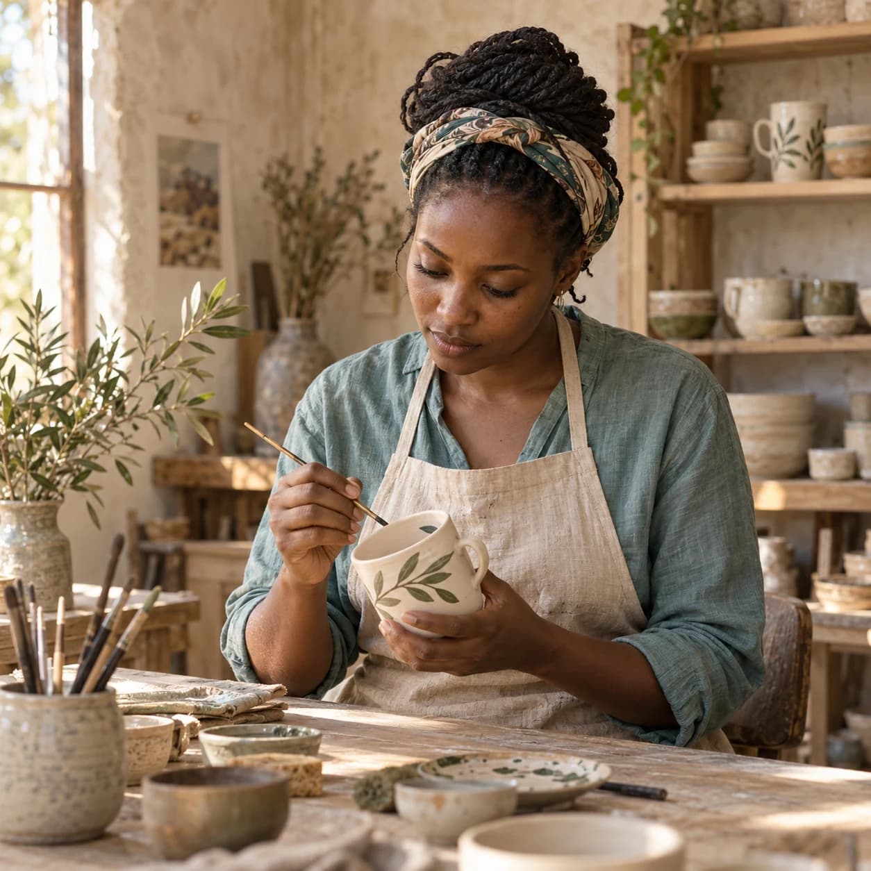 A ceramic artist painting a mug in her sunlit studio