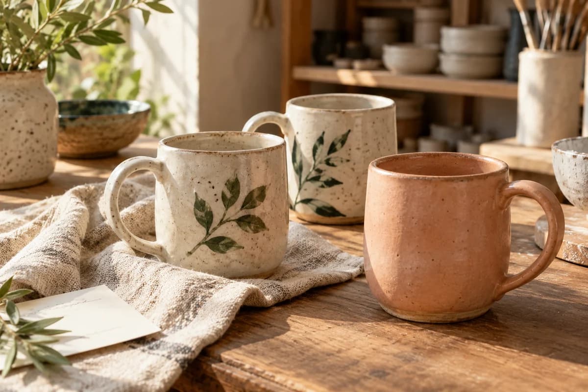 Handmade ceramic mugs, linen and a studio order card on a sunlit worktable